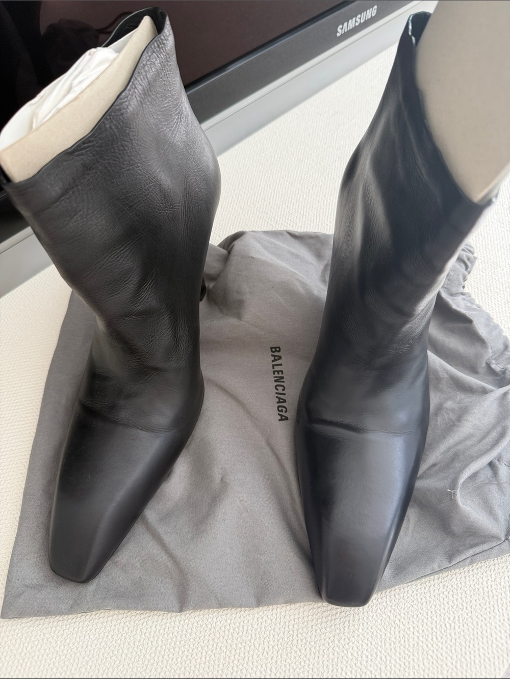 Balenciaga Black Leather Square-Toe Mid-Calf Heeled Boots